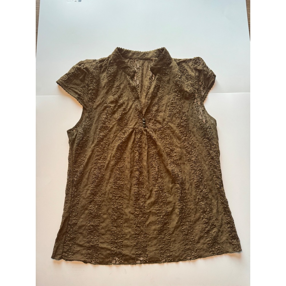 Olive Brown Sheer Lace Cap Sleeve Blouse Split Neck Floral Stripe Boho Top M
